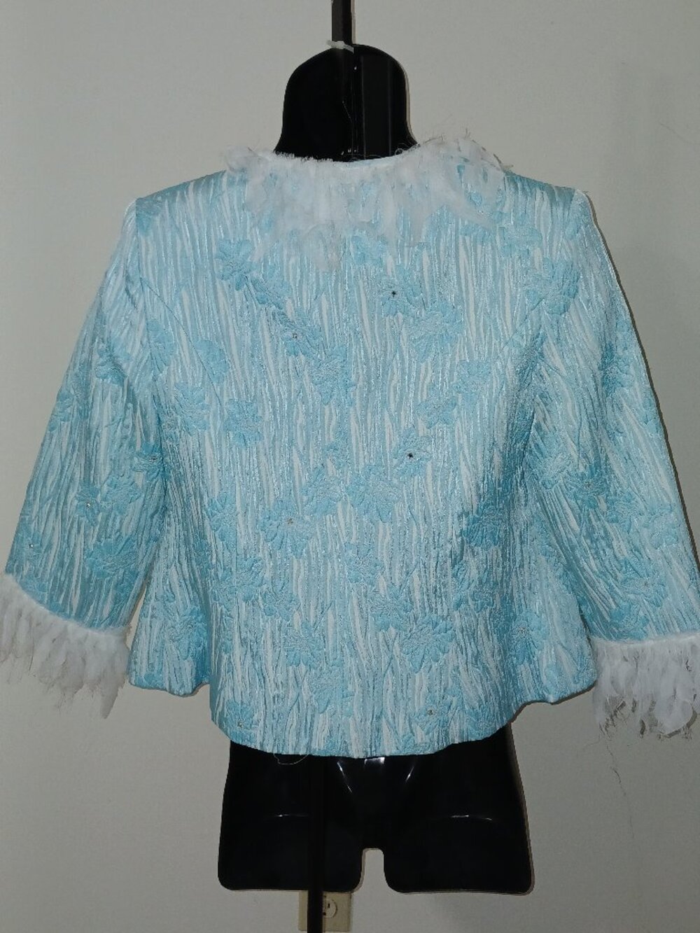 ISABEL Light Blue Floral Jacquard Ruffle Evening Jacket Size M